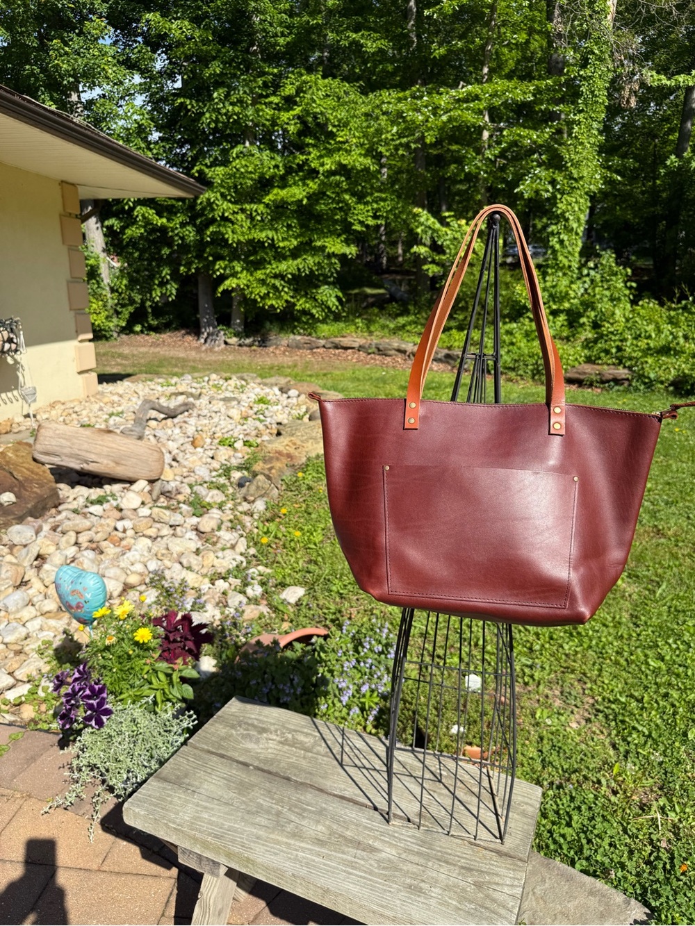 Classic Burgundy Tote with Tan Shoulder Straps